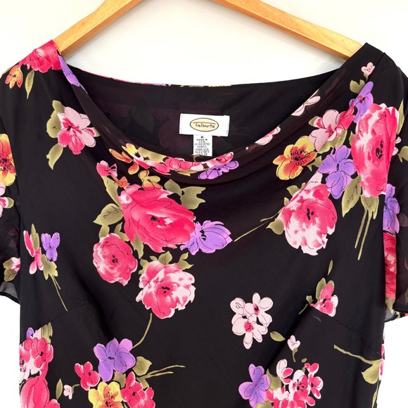 Talbots Size 8 Floral Dress Black Pink Midi Cap Sleeve Lunch Date Church Dress - Picture 3 of 15
